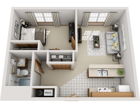 A top-down view of a small apartment with a kitchen, living room, and bathroom.